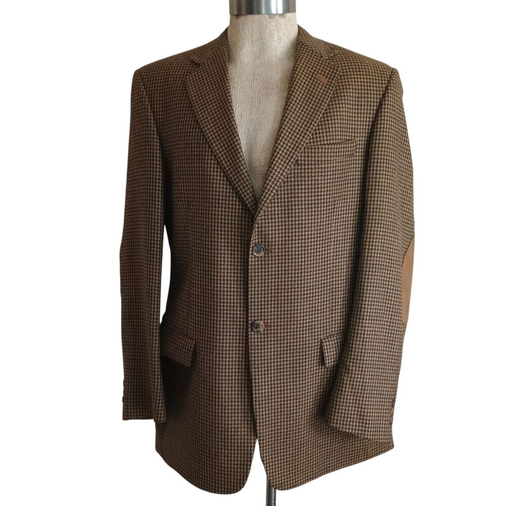 Vtg Tallia Uomo 42L Brown Houndstooth Wool/Alpaca Sport Coat Blazer Elbow Patch